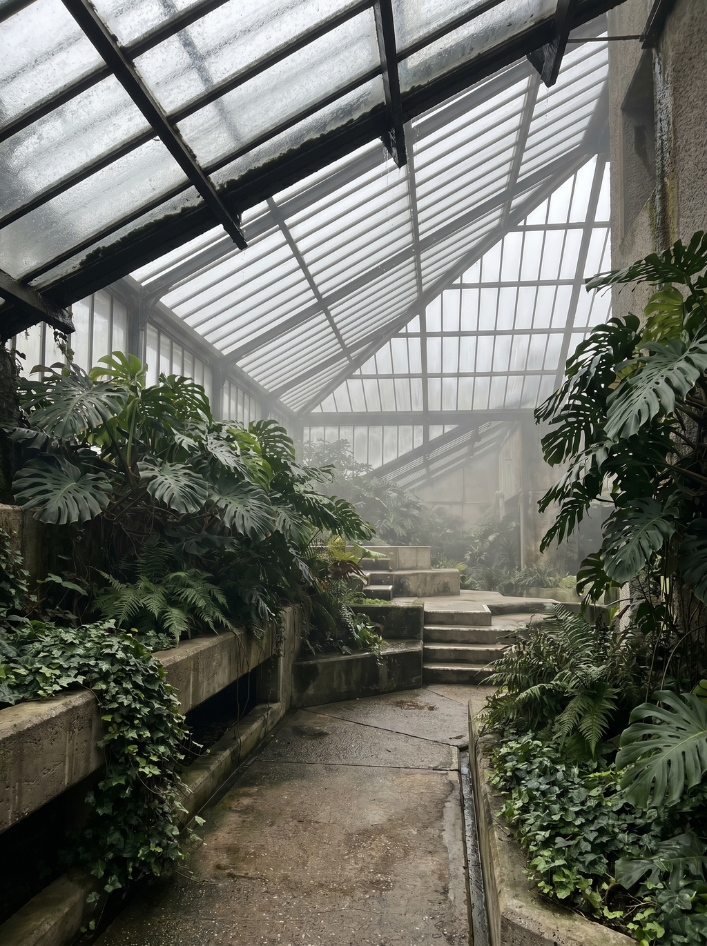 Barbican-style brutalist conservatory, concrete steps through tropical foliage — Glasshouse inspiration