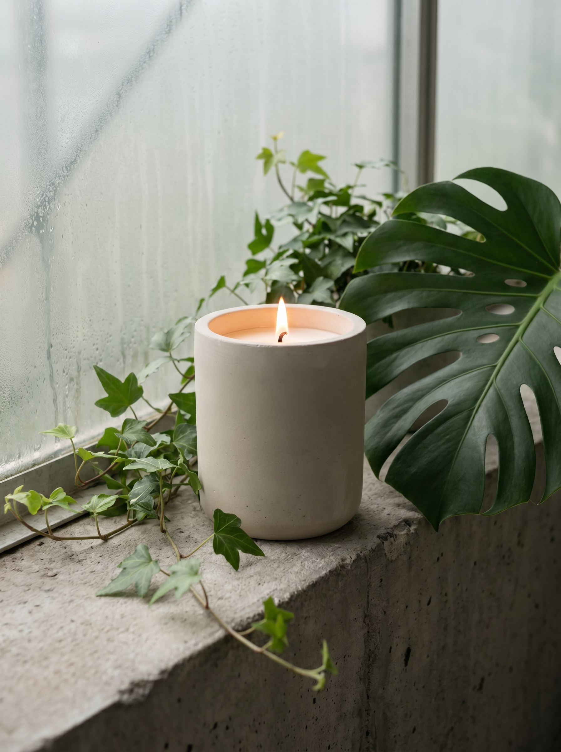 TERRAEUM Glasshouse Archive 01 candle lit on a concrete ledge with ivy and monstera, greenhouse light