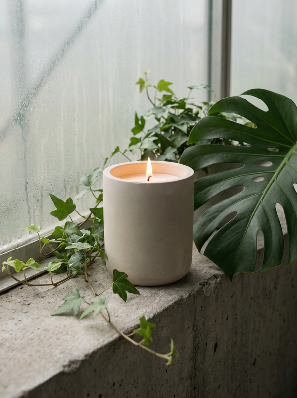 TERRAEUM Glasshouse Archive 01 candle lit on a concrete ledge with ivy and monstera, greenhouse light