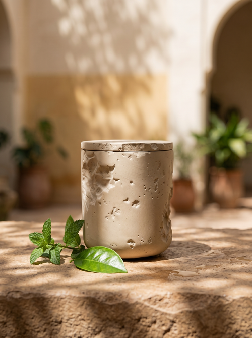 TERRAEUM Courtyard — warm pale concrete candle vessel, Marrakech