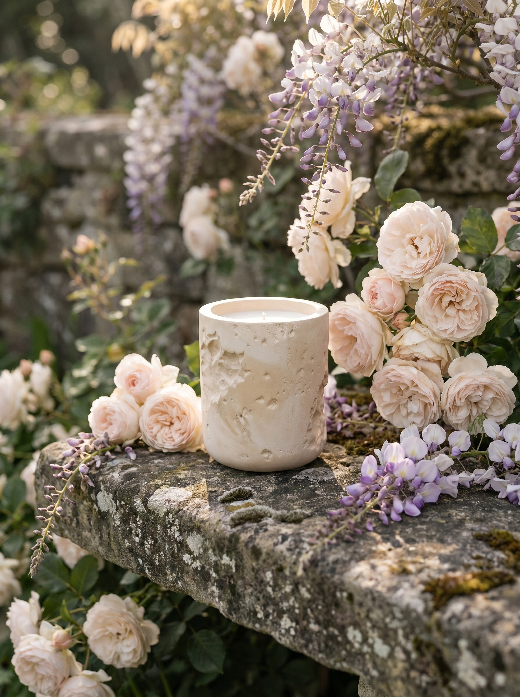 TERRAEUM Parterre — pale concrete candle vessel, Huntington Rose Garden