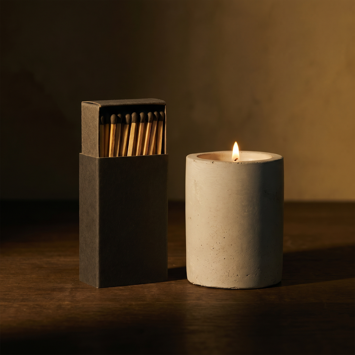 Terraeum Matches box beside a concrete candle