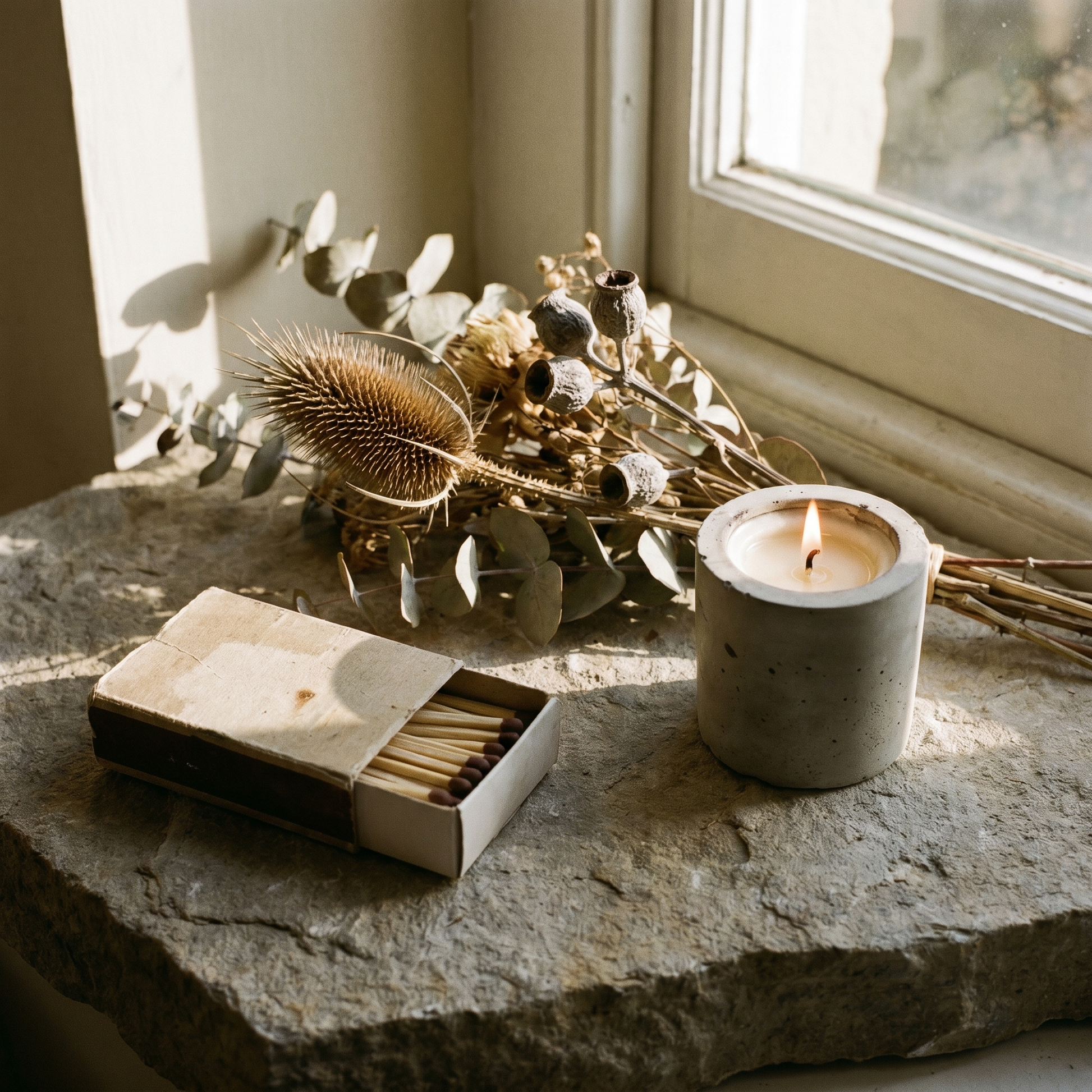 Terraeum Matches on a stone surface with a candle