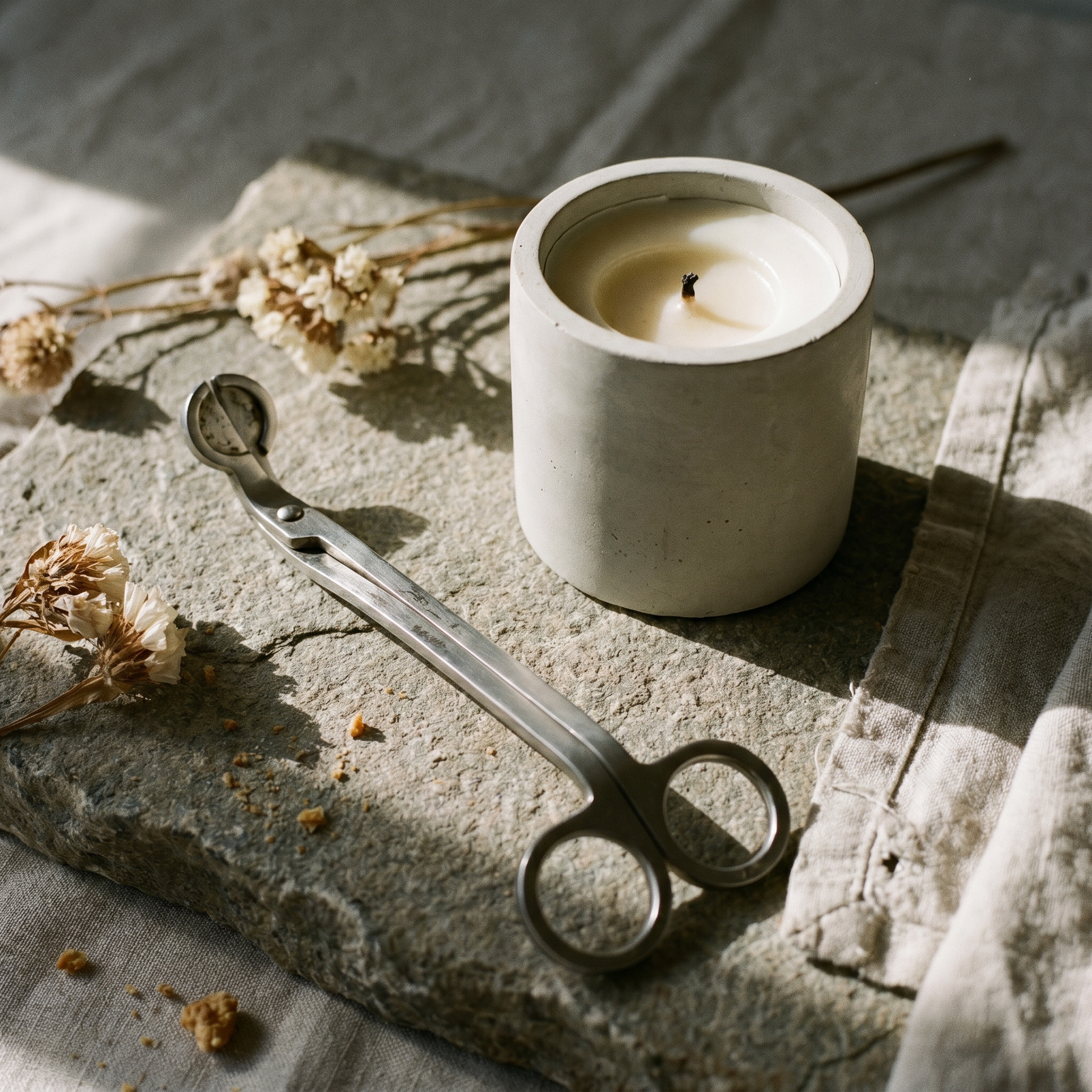 Wick trimmer beside a concrete candle